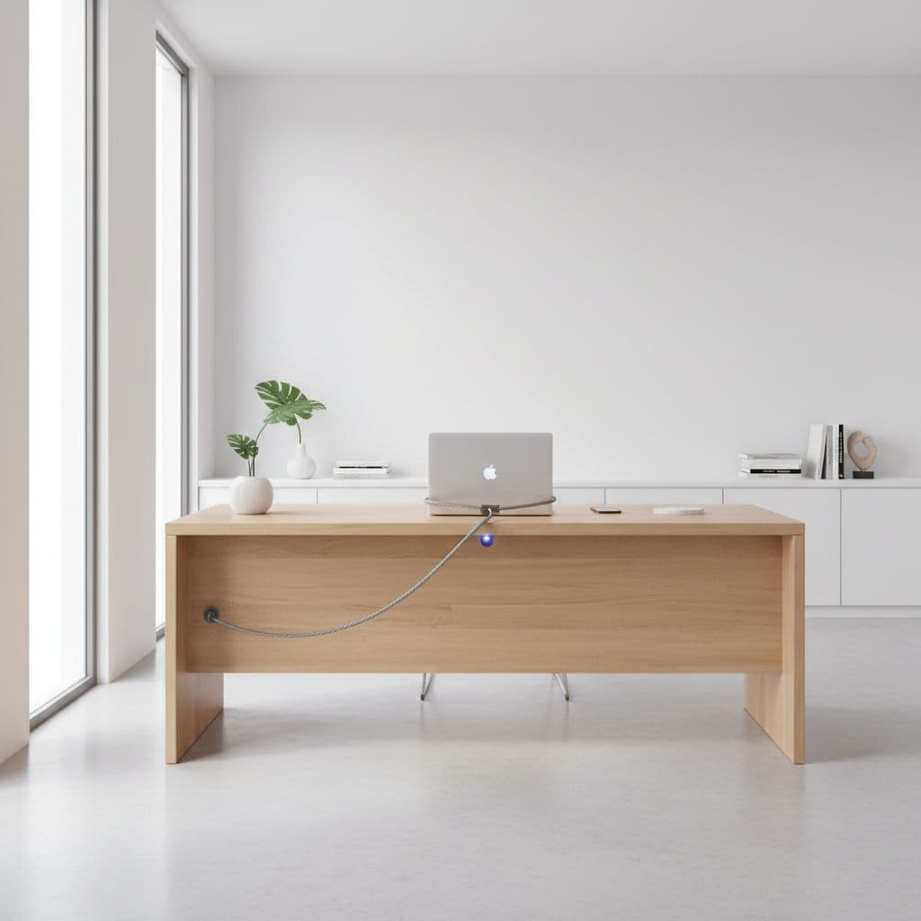 A clean, minimalist doctor office desk featuring a single secure laptop bathed in soft natural light.