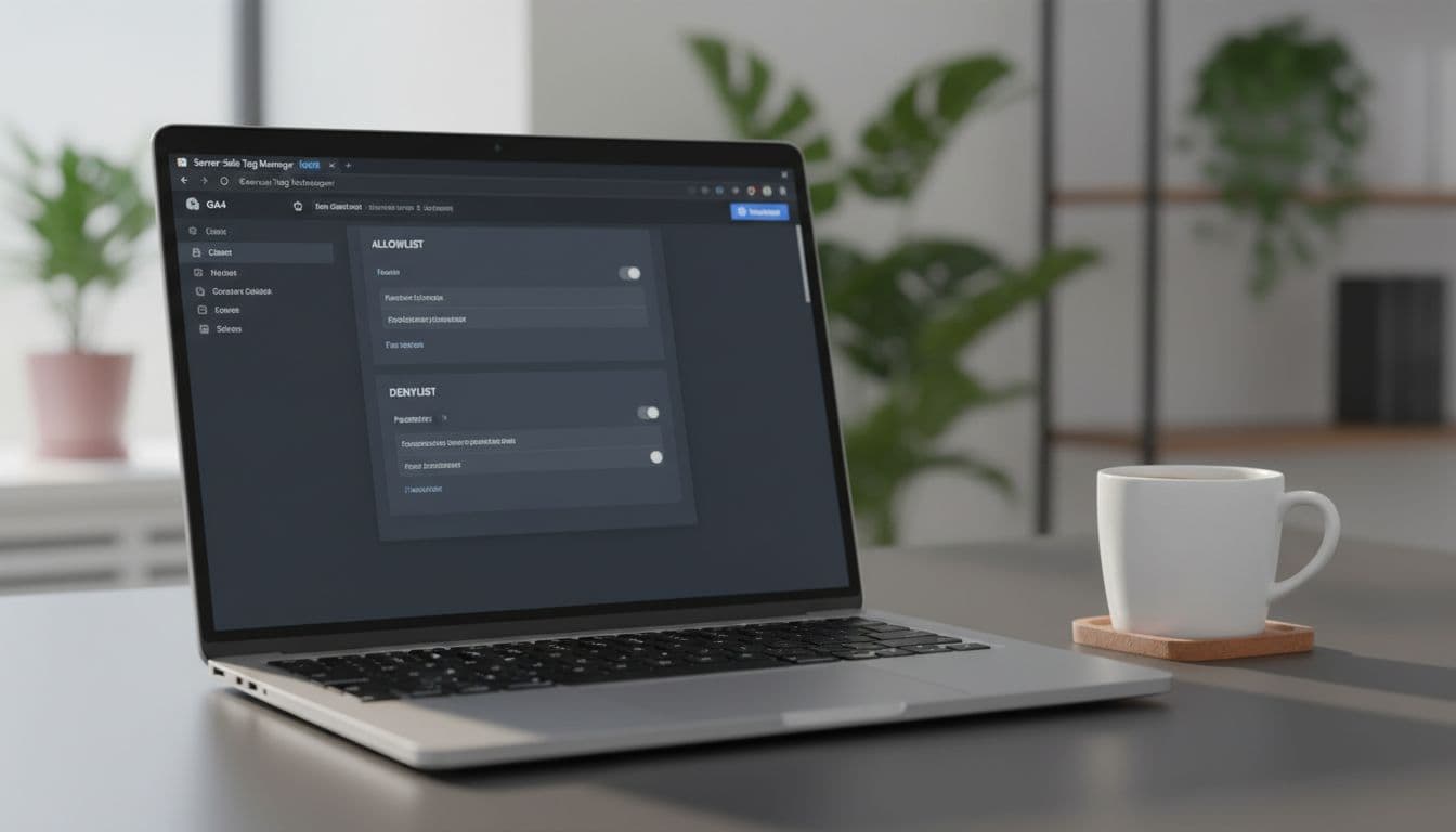 Server-side Google Tag Manager dashboard interface showing GA4 client configuration with allowlist and denylist settings for parameters, displayed on a laptop in a modern office desk setting with a coffee mug nearby.