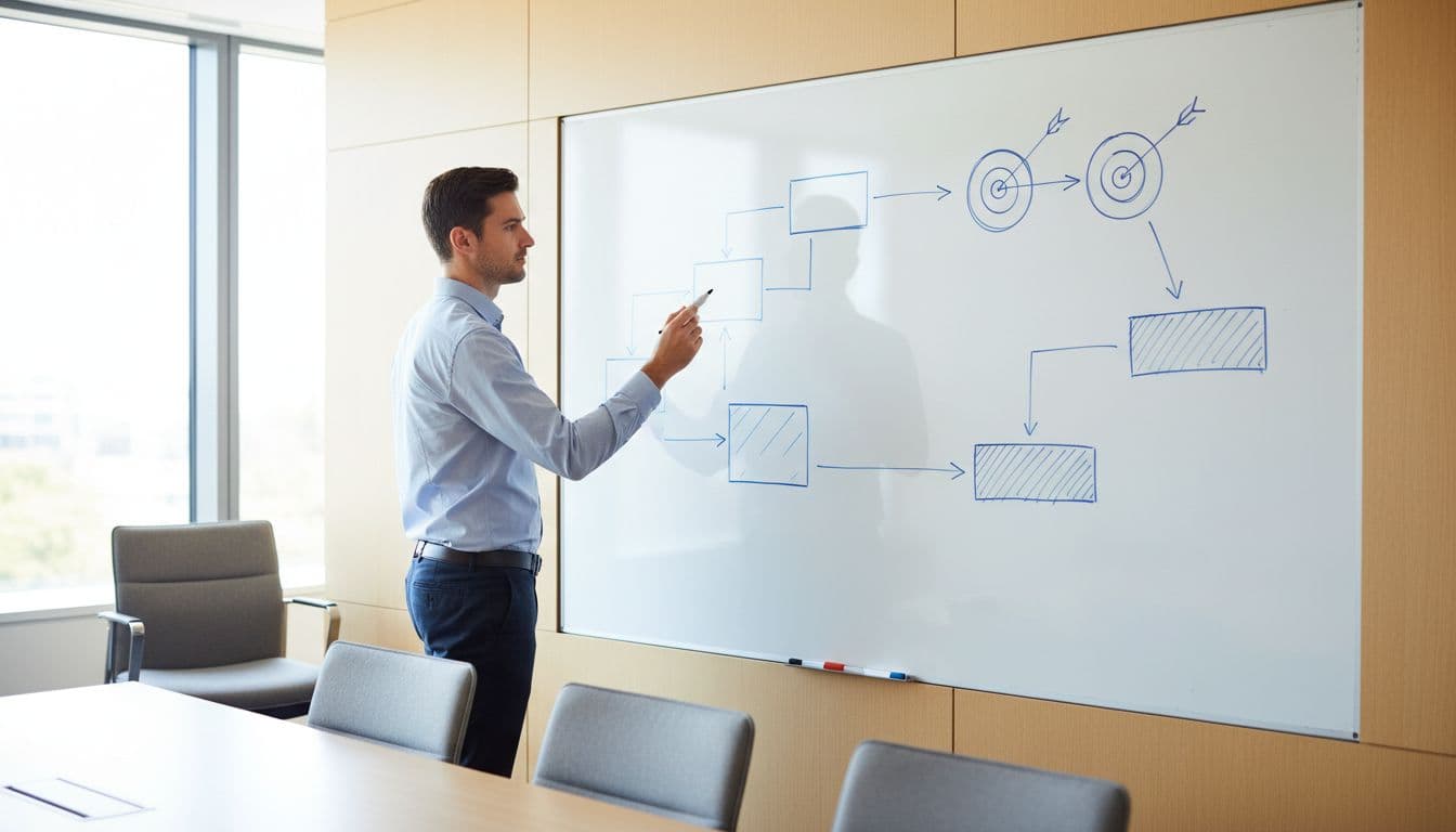 A single software engineer in a modern conference room writes simple system architecture diagrams on a whiteboard, showing goals as arrows to targets and constraints as boxes, captured in side view with natural daylight in realistic photo style.