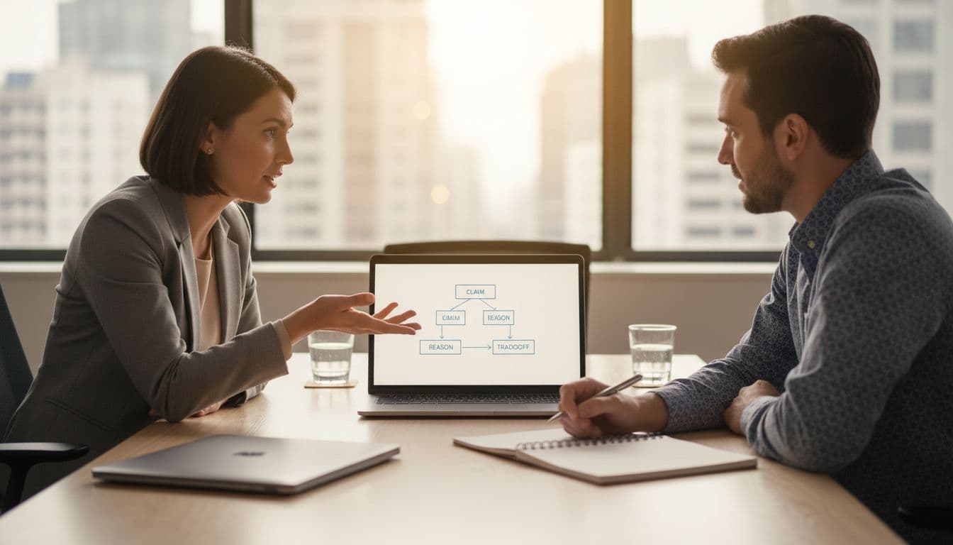Two software engineers sit at a conference table in a bright office; one gestures to a laptop screen showing a simple flowchart, while the other listens attentively with a notepad.