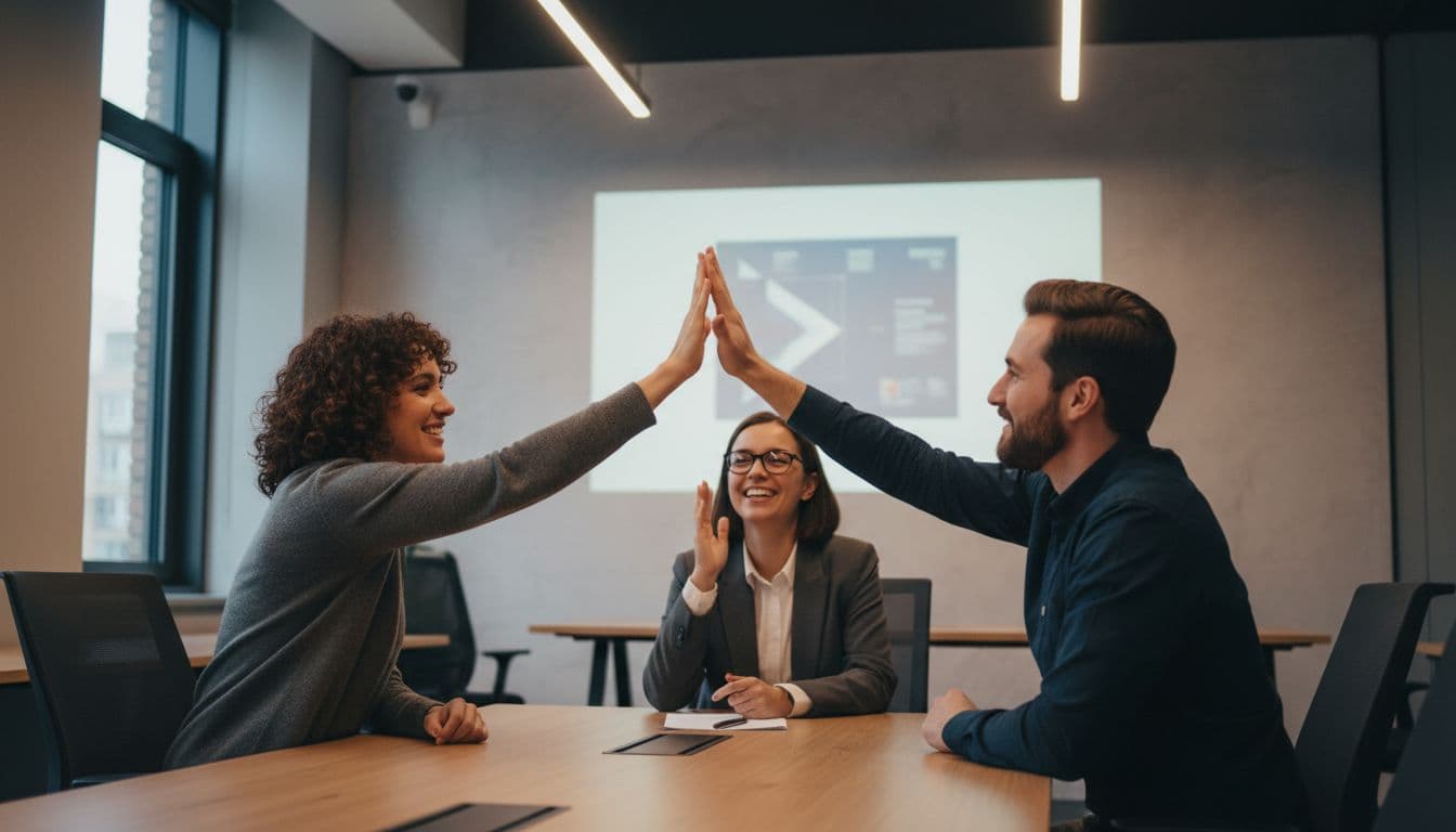 A team of three software engineers around an office table, high-fiving in agreement after reaching a decision, with a shared design document projected vaguely on the wall. Dynamic side-angle composition in realistic photo style with motivational office lighting.