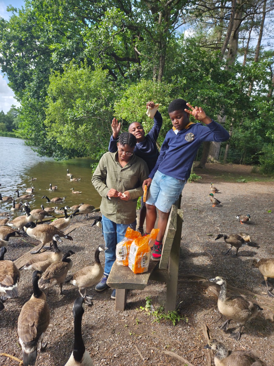 A parent and children enjoy a day feeding ducks by the lake, highlighting natural family communication, interaction, and speech development — a key theme in understanding language disorder vs speech disorder.
