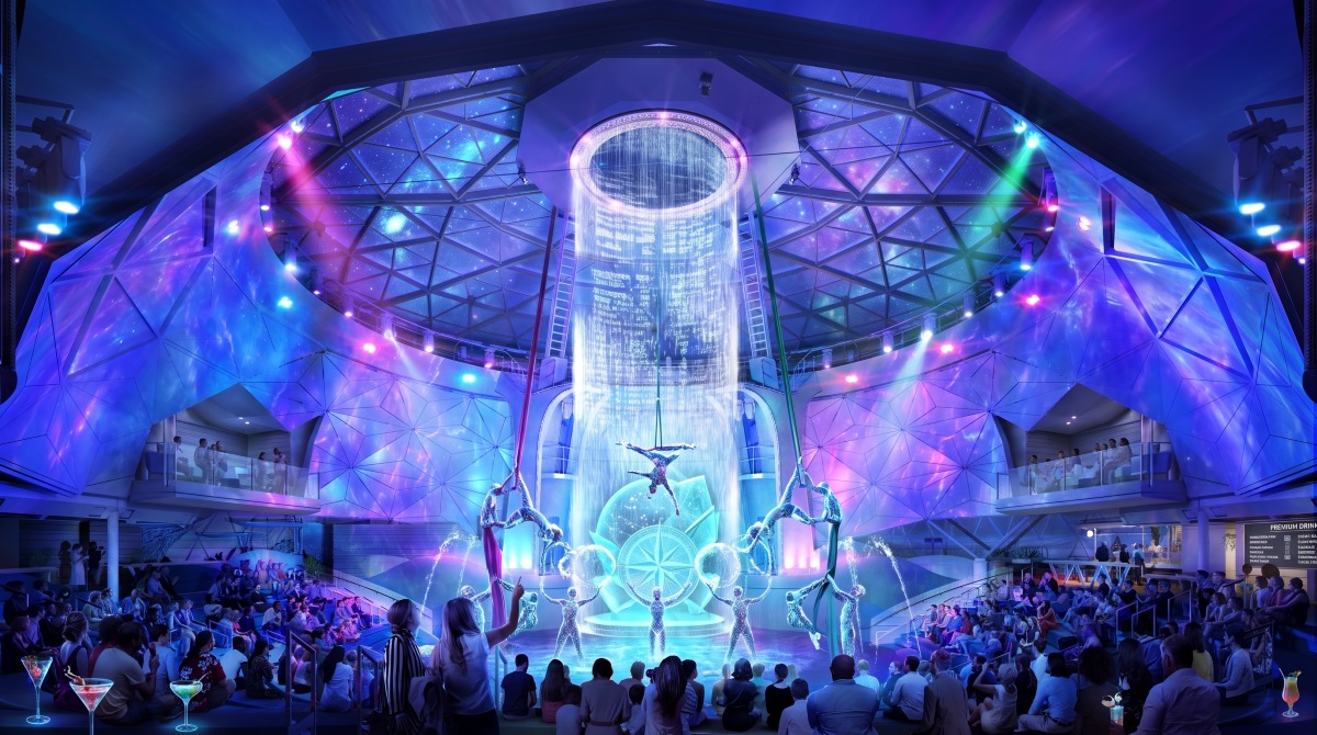 Cruise ship interior showing modern design with multiple levels, glass elevator, and passengers enjoying the spacious atrium area.
