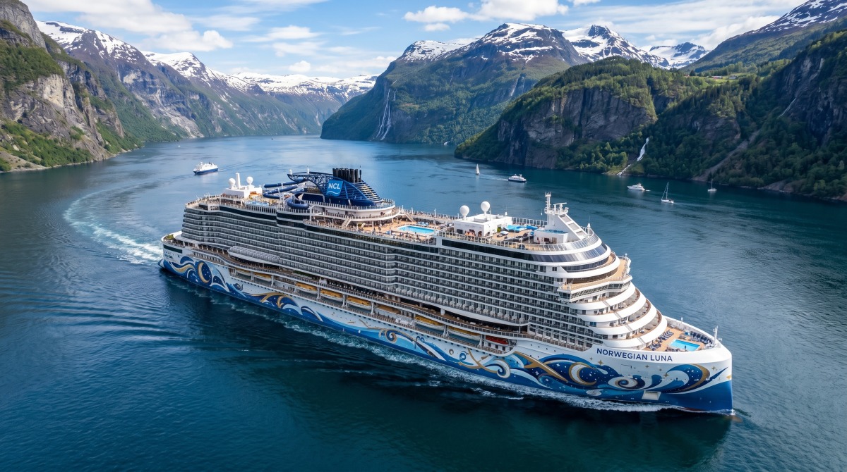 Exterior view of the Norwegian Luna cruise ship at sea showcasing its modern sleek design, expansive outdoor decks, and vibrant blue hull under a clear sky.