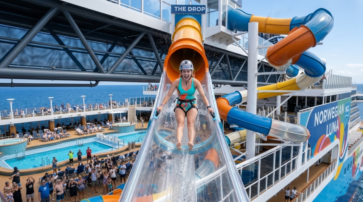 Thrilling Aqua Slidecoaster waterslide on the top deck of Norwegian Luna twisting over the ocean with bright colorful tubes and clear blue water.