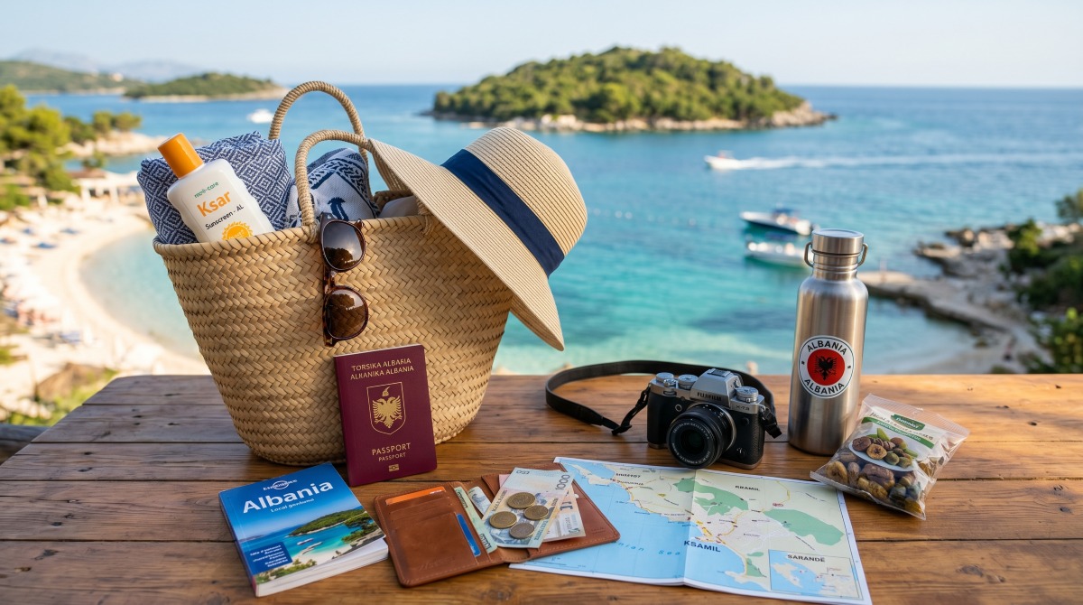 Travel essentials laid out including sunscreen bottles sunglasses hat reusable water bottle and dry bag on white sandy beach background.