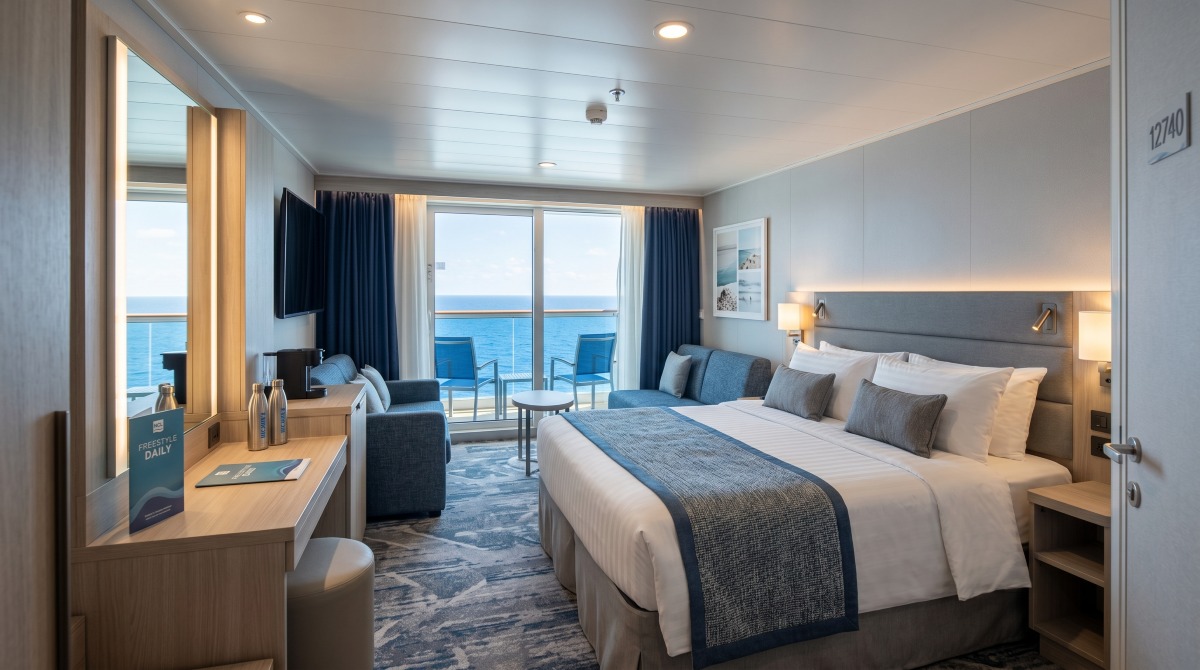 Modern cruise ship balcony cabin on Norwegian Luna featuring comfortable seating, sleek contemporary decor, and stunning ocean views through floor-to-ceiling glass doors.