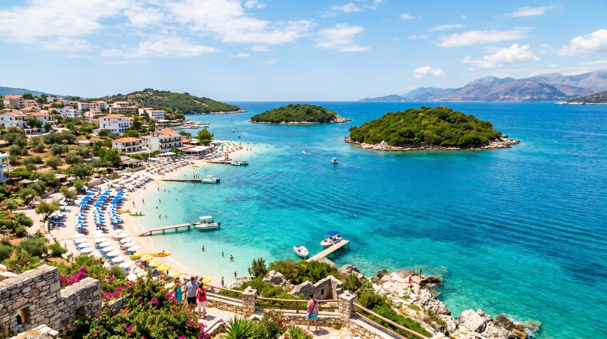 Crystal clear turquoise waters lap against pristine white sand beaches in Ksamil Albania with small green islands visible offshore under bright blue summer sky.