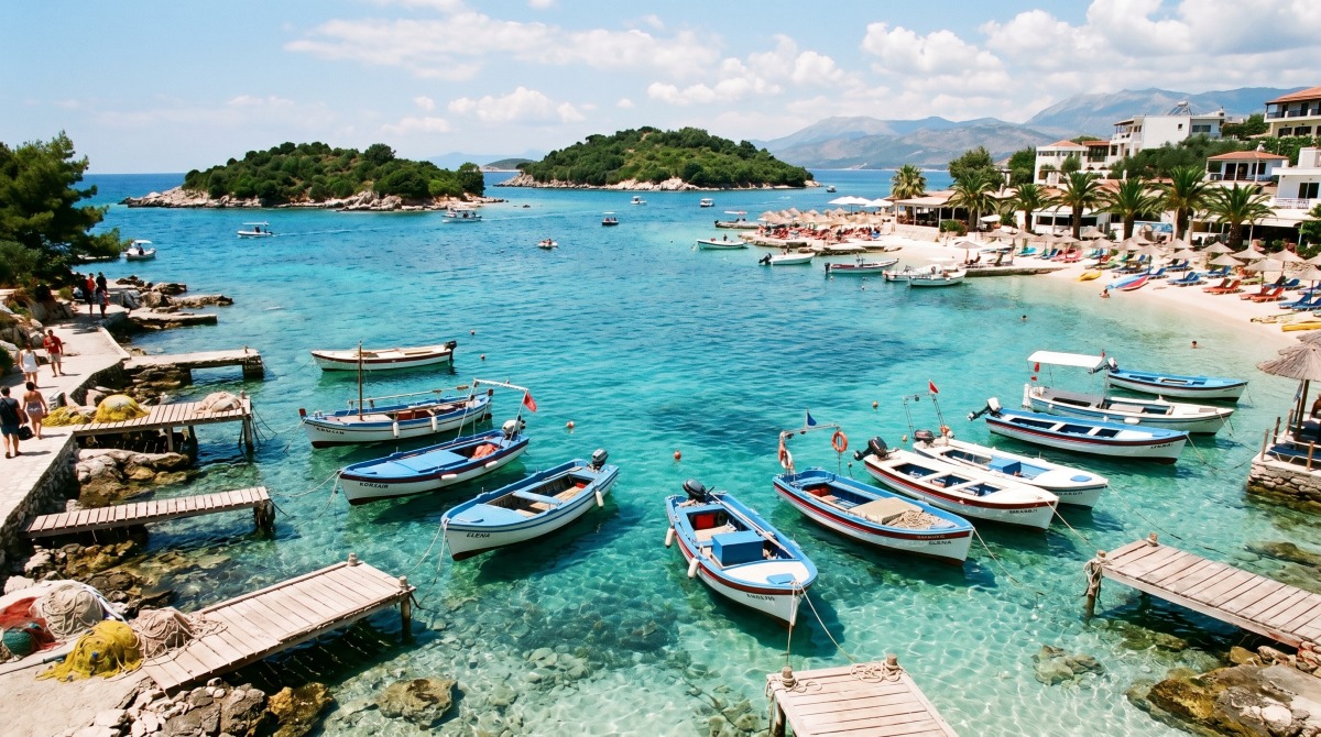 Small wooden boats anchored in crystal clear turquoise bay waters near Ksamil Albania with rocky coastline and pine trees in background.