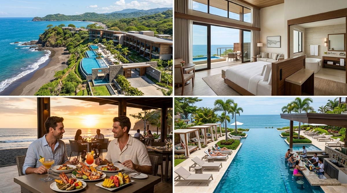 Expansive resort pool complex with multiple infinity pools, lush tropical landscaping, and cabanas at the new JW Marriott Costa Elena.