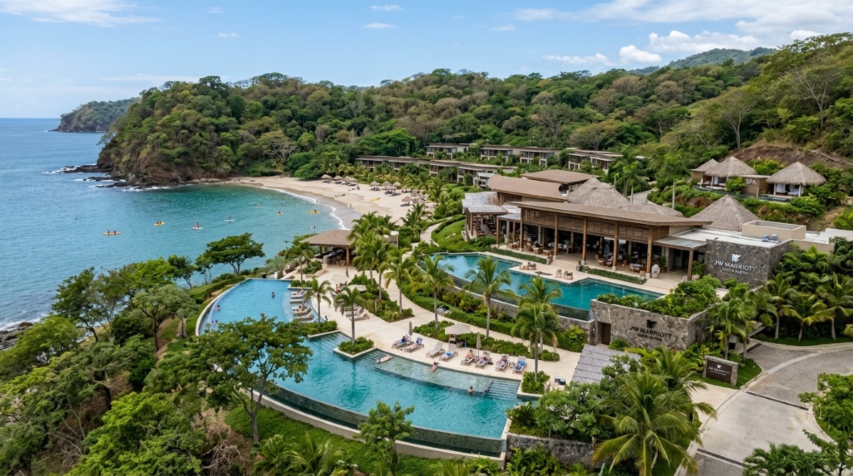 Luxury resort suite at JW Marriott Costa Elena with modern decor, ocean views, and private balcony overlooking the Guanacaste coastline.