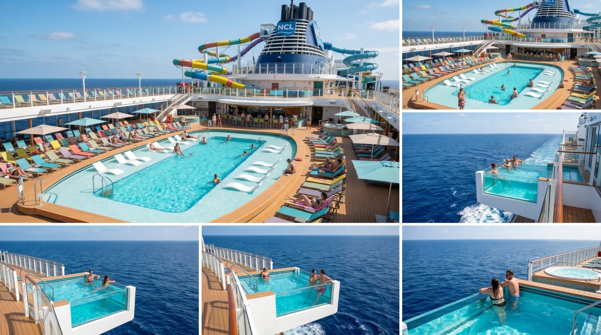Beautiful sunset view from the deck of Norwegian Luna showing the ocean horizon, comfortable deck chairs, and the ship's modern architecture glowing in the evening light.