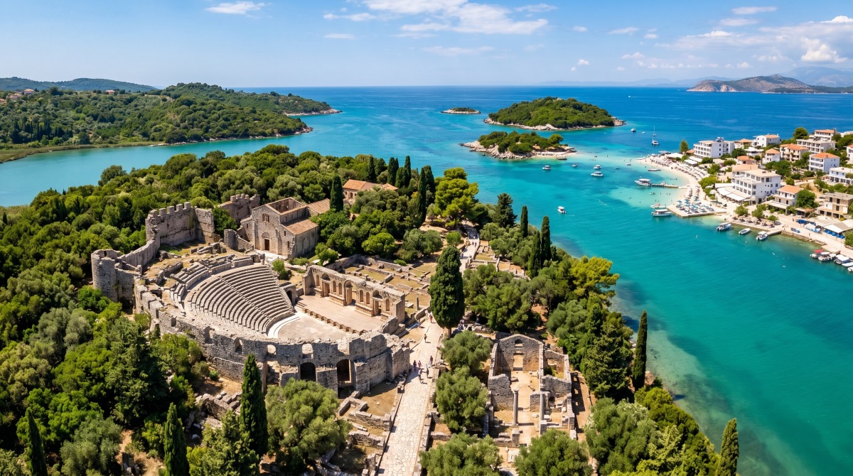 Ancient stone ruins of Butrint National Park surrounded by lush green vegetation and archaeological excavations under bright Mediterranean sunlight.