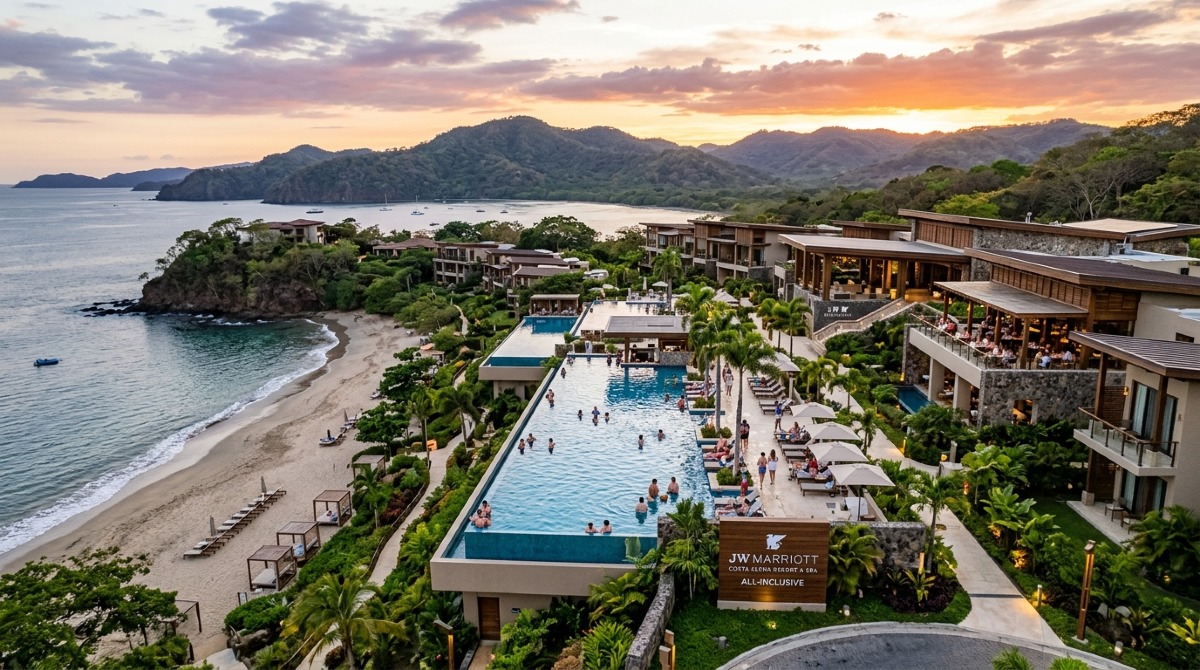 Happy family enjoying a beachfront vacation at a luxury all-inclusive resort in Costa Rica with palm trees and turquoise water.