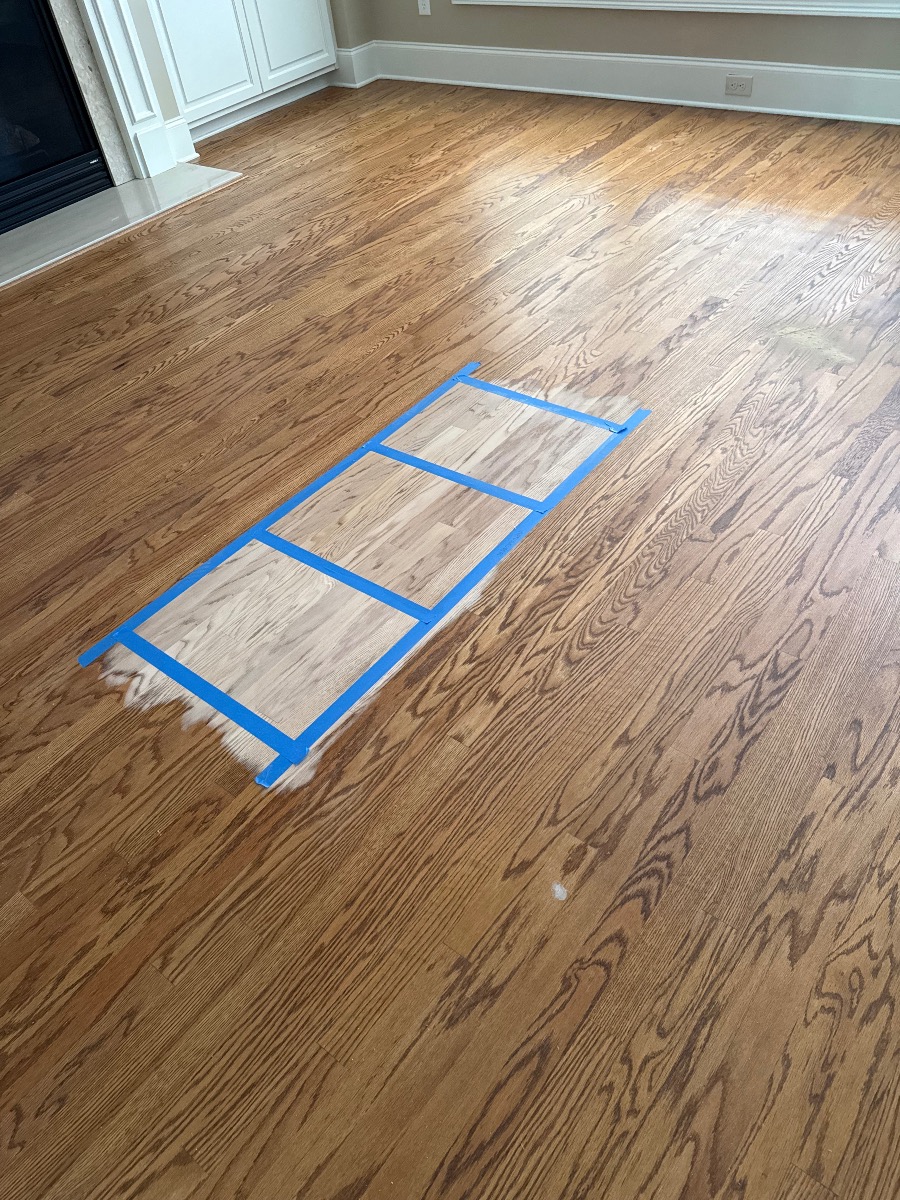 Sample stain application on wood floor Alpharetta